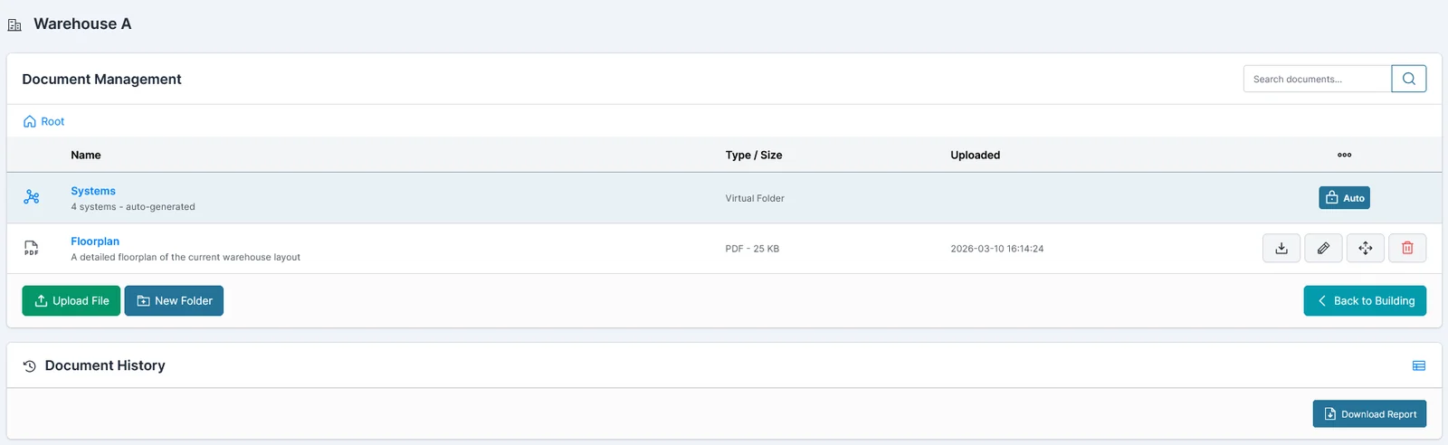 SafetyCert document management for a building, with the auto-generated Systems folder and an uploaded floor plan